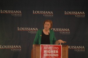 Janet Huckabee speaks to a room of Louisiana College students, staff and faculty and others from the community during a visit to the campus on Wednesday morning.