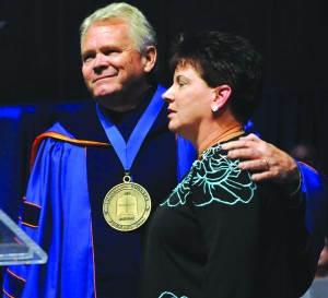 Rick Brewer and his wife Cathy stand together as he is introduced as the ninth president of Louisiana College in a ceremony held Sept. 18 at Guinn Auditorium. Louisiana College photo