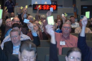 Messengers to the Louisiana Baptist Convention Annual Meeting are shown casting their ballots. They affirmed seven resolutions, one motion and voted on three new officers during the meeting. Philip Timothy photo