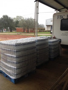 Pallets of bottled water are ready for distribution at First Baptist Church in Robeline Friday morning, March 11, 2016. First Baptist Robeline Facebook page photo