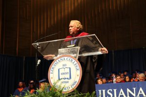 Evangelist Jay Strack encourages the students during graduation ceremonies on May 7 at Louisiana College. Louisiana College photo