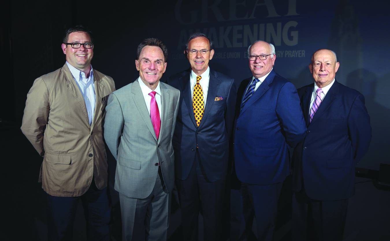 Newly elected officers of the Southern Baptist Convention are (left to right): Chad Keck, second vice president, pastor of First Baptist Church in Kettering, Ohio; Ronnie Floyd, president, pastor of Cross Church in northwest Arkansas; Steve Dighton, first vice president, pastor of Lenexa Baptist Church in Lenexa, KS.; John Yeats, recording secretary, executive director of the Missouri Baptist Convention; and Jim Wells, registration secretary, strategic partners team leader for the Missouri Baptist Convention. The officers were elected during the June 16 afternoon session on the first day of the two-day SBC annual meeting at the Greater Columbus Convention Center in Columbus, Ohio.