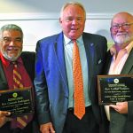 Louisiana College recognized excellence in the pastorate within groupings of worship attendance up to 125, 126 to 500 and more than 500. From left: Gonzalo Rodriquez, Good Shepherd Hispanic Baptist Church in Metairie; LC President Rick Brewer; and Luther Sanson, pastor of Twin Oaks Baptist Church and Bastrop. Not photographed is Fred Luter, Franklin Avenue Baptist Church, New Orleans.