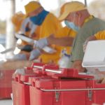 Southern Baptist Disaster Relief volunteers filled boxes of food distributed at Trinity Baptist Church in Lake Charles. Steven Haney, Louisiana Baptist Communications, photo/Taken Sept. 4.